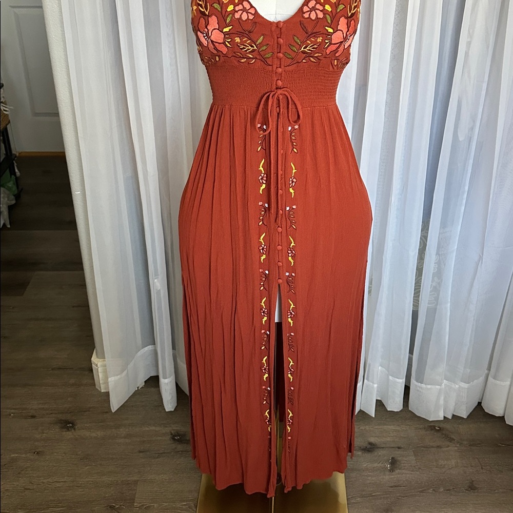 Rust Boho Embroidered Halter Maxi Dress - Picture 4 of 6